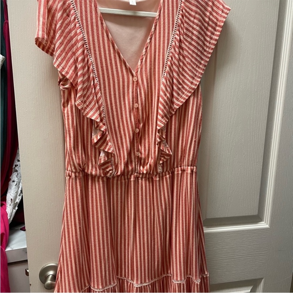 Striped V-Neck Ruffle Summer Dress in Coral and White